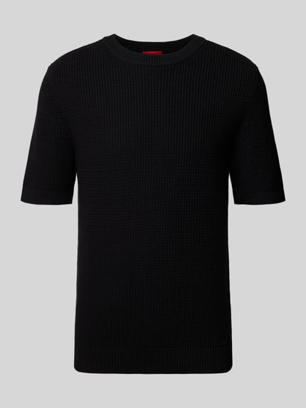Productfoto, Relaxed Fit Strickpullover aus reiner Baumwolle Modell 'SAFFON' van HUGO, zwart, wafelstructuur, label stitching, korte mouwen