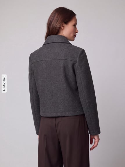 Modelka nosi bluzon Regular Fit Blouson mit Umlegekragen Modell 'SAFIR' od VERO MODA, ciemnoszary, gładka tekstura, widok całej sylwetki z tyłu, KI-modifiziertes Bild