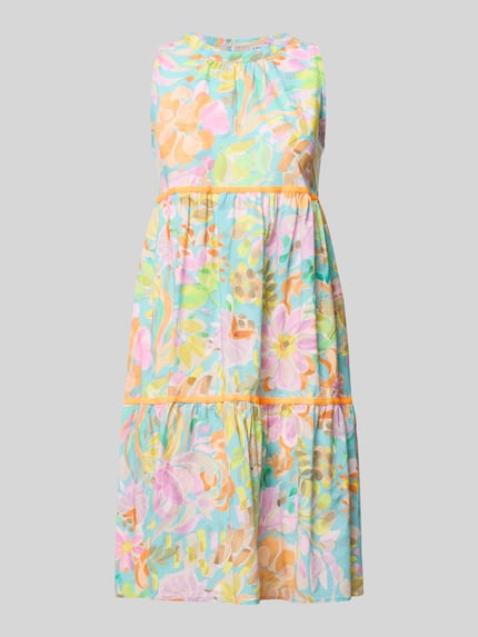 Produktfoto, Minikleid mit rückseitigem Schlüsselloch-Ausschnitt von Emily Van den Bergh aus Reine Baumwolle, Straight Fit, buntes florales Muster, Rundhalsausschnitt, weiche Stofftextur, Rückenlänge bei Größe 36: 94 cm, Brustweite bei Größe 36: 49 cm.
