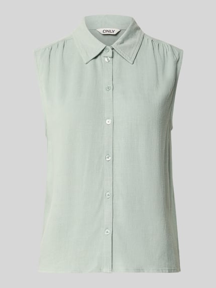 Produktfoto, Regular Fit Leinenbluse ohne Ärmel Modell 'SIESTA' von Only im Melange-Look mit Hemdblusenkragen, einreihiger Knopfleiste und dezent strukturierter Viskose-Leinen-Mix-Oberfläche.