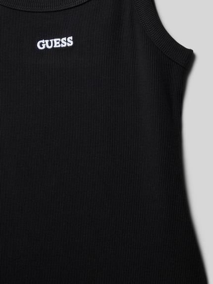 Produktfoto, Kleid mit Spaghettiträgern und Logo-Stitching von Guess in Schwarz, Körpernaher Schnitt, Feinrippstruktur, Rundhalsausschnitt, Viskose-Mix mit Stretch-Anteil