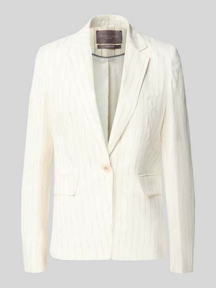 Produktfoto, Slim Fit Blazer aus Leinen-Mix mit Streifenmuster von Christian Berg Woman Selection, cremefarben, feine Streifen, Reverskragen, Pattentaschen, Leinen-Viskose-Anteil, Rückenlänge 65 cm, Brustweite 44 cm, Ärmellänge 67 cm, Damen Blazer.