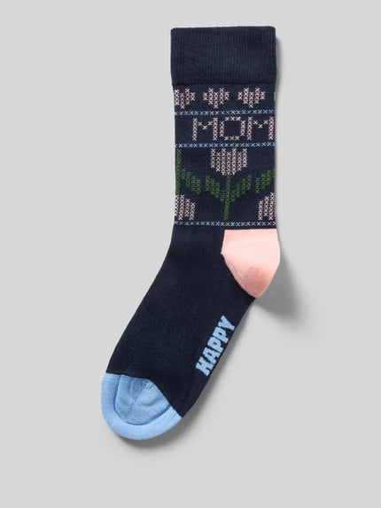 Produktfoto, Socken mit Label-Detail von Happy Socks, dunkelblau mit buntem Allover-Motiv-Print, elastische Rippbündchen, stretchiger Baumwoll-Mix