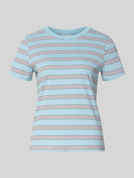 Productfoto, Regular Fit T-Shirt aus reiner Baumwolle van Tom Tailor Denim, lichtblauw met meerkleurige strepen, ronde hals, korte mouw, jerseytextuur