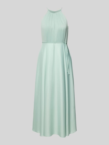 Produktfoto, Cocktailkleid aus Satin mit Bindegürtel von Jake*s Cocktail in Mintgrün, A-Linie, Neckholder, glatte Textur, Vorderansicht