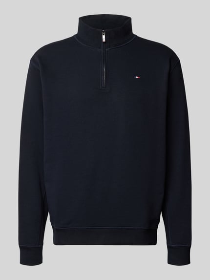 Produktfoto, Troyer mit Logo-Stitching und gerippten Abschlüssen von HECHTER PARIS in Dunkelblau, Baumwoll-Mix, Regular Fit, Troyer-Kragen.