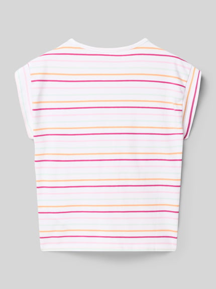 Produktfoto, T-Shirt mit Logo-Stitching und Paillettenbesatz von Guess, Kinder T-Shirt aus Baumwoll-Mix mit Stretch-Anteil, Streifen in Rosa, Pink, Orange und Gelb, Straight Fit, Kappärmel, Rückenlänge bei Größe 140: 44 cm, glatte Textur
