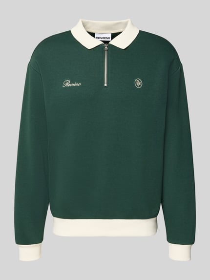 Produktfoto, Regular Fit Sweatshirt aus Baumwoll-Mix von REVIEW in Dunkelgrün mit Polokragen, Reißverschluss, Logo-Stitching, elastische Abschlüsse