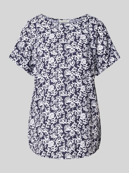 Produktfoto, Relaxed Fit T-Shirt aus reiner Viskose von Christian Berg Woman mit floralem Allover-Print in Dunkelblau und Weiß, Rundhalsausschnitt, glatte Textur