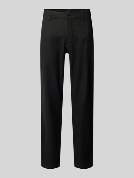 Produktfoto, Regular Fit Leinenhose aus Leinen-Mix Modell 'Sanderson-L-3' von BOSS in Schwarz, unifarben, Melange-Optik, Webware, sichtbarer Knopf, Gürtelschlaufen, Bund mit Tunnelzug, seitliche Eingrifftaschen, Gesäßtaschen, dezenter Label Patch, strukturierte glatte Textur.