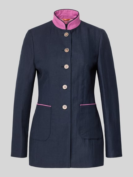 Produktfoto, Slim Fit Blazer aus Leinen-Baumwoll-Mix von WHITE LABEL in Dunkelblau mit Stehkragen, Knopfleiste, Aufgesetzte Taschen, Rückenlänge 71 cm, Brustweite 44 cm, Ärmellänge 64 cm, Details in Rosa, glatte Textur