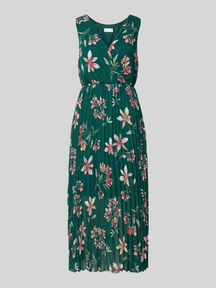 Productfoto, Midikleid mit Plisseefalten und V-Ausschnitt van Apricot, groen chiffon, allover bloemenprint, A-lijn, lengte 122 cm, borstwijdte 32 cm