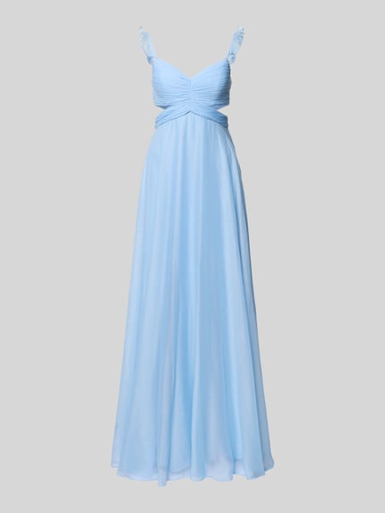 Productfoto, Abendkleid mit Cut Outs und Rüschen van Jake*s Cocktail, A-lijn maxijurk in lichtblauw met ruches, cut outs, ritssluiting achter, lengte 136 cm, borstwijdte 31 cm, zachte stof met vloeiende textuur