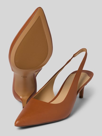 Produktfoto, Pumps aus Leder mit Pfennigabsatz Modell 'LOLAH II' van Lauren Ralph Lauren, echt leer, spitse neus, elastisch riempje, hakhoogte 7 cm, schachthoogte 8 cm, schachtbreedte 5 cm, cognackleurig, glad oppervlak