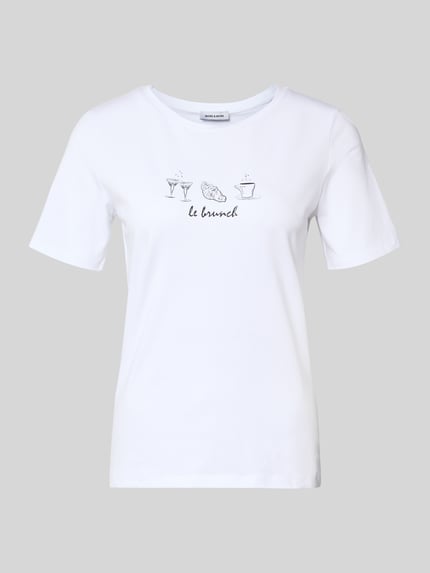 Produktfoto, T-shirt met motiefprint van More & More, Dames T-shirt, mix van katoen en elastaan, regular fit, ronde hals, ruglengte maat 36: 61 cm, wit met zwarte print, glad oppervlak
