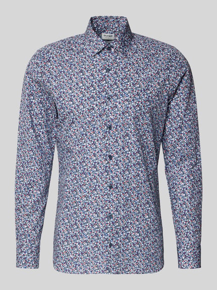 Produktfoto, Slim Fit Businesshemd aus Baumwolle mit Kentkragen von OLYMP Level Five mit floralem Muster, Knopfleiste, Herren Businesshemd, Rückenlänge 82 cm, Schulterbreite 46 cm, Ärmellänge 70 cm.