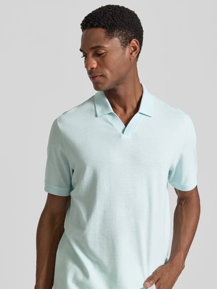 Męskamodel nosi Regular Fit Poloshirt aus Baumwoll-Mix von s.Oliver RED LABEL, jasnoniebieski kolor, gładka tekstura, zbliżenie na górną część ciała