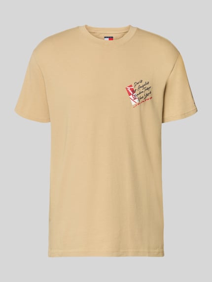Produktfoto, Regular Fit T-Shirt aus reiner Baumwolle von Tommy Jeans in Unifarbe Beige mit Label Print, Rundhals, kurzarm, Jersey-Textur