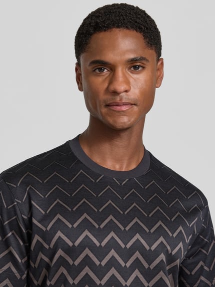 Männermodel trägt T-Shirt mit Rundhalsausschnitt von Emporio Armani, Baumwoll-Lyocell-Mix, gerader Schnitt, Nahaufnahme Oberkörper.