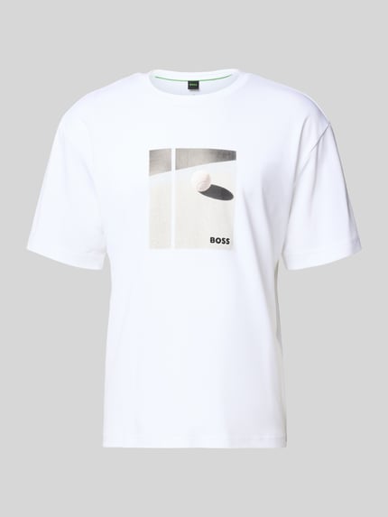 Produktfoto, Relaxed Fit T-Shirt aus reiner Baumwolle Modell 'JOIN' von BOSS Green in Weiß mit unifarbenem Motiv-Print und Label Stitching.