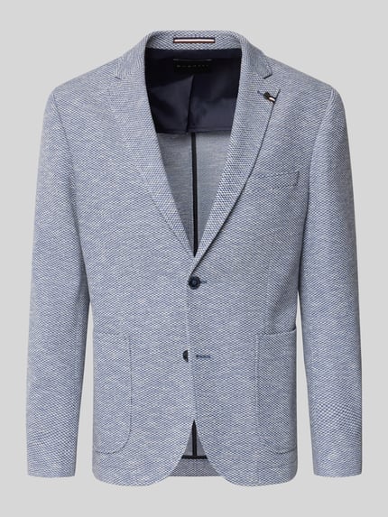 Produktfoto, Slim Fit 2-Knopf-Sakko mit Reverskragen von bugatti, Baumwoll-Mix mit Stretch-Anteil, Strukturmuster, aufgesetzteTaschen, hellblau-weiß
