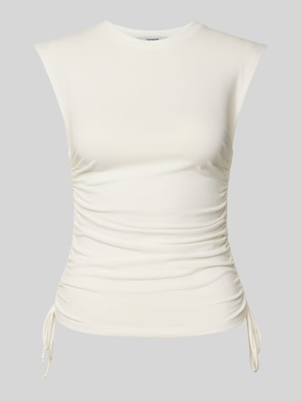 Produktfoto, kremowe Trägertop mit seitlichen Raffungen Modell 'GURI' von Topshop, bawełna z domieszką elastanu, krój slim fit, okrągły dekolt, długość pleców w rozmiarze S: 54 cm, subtelna faktura, gładka powierzchnia