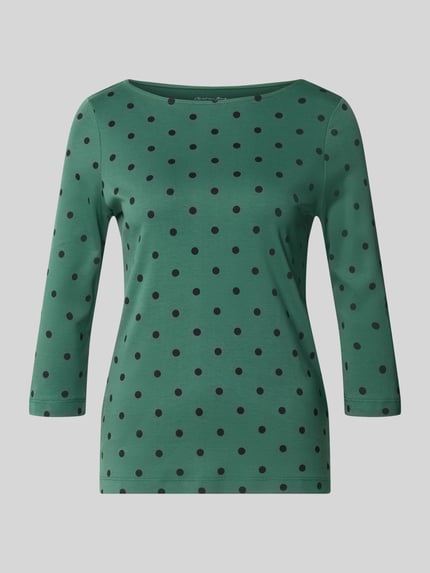 Produktfoto, Shirt aus reiner Baumwolle mit 3/4-Arm von Christian Berg Woman, grün mit schwarzen Punkten, taillierte Passform, U-Boot-Ausschnitt.