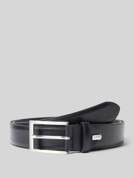 Produktfoto, Ledergürtel mit Dornschließe und Label-Detail von Lloyd Men's Belts, czarne gładkie skórzane wykończenie, klasyczny kształt, szerokość 125 cm