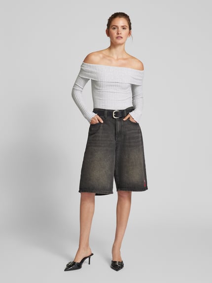 REVIEW Off shoulder-shirt met lange mouwen in riblook Lichtgrijs gemêleerd - 1