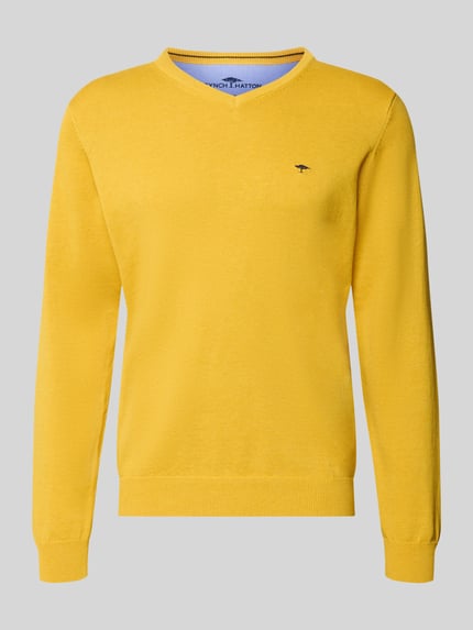 Produktfoto, Strickpullover mit Label-Strickerei von Fynch-Hatton in Gelb, reine Baumwolle, gerader Schnitt, V-Ausschnitt, gerippte Abschlüsse