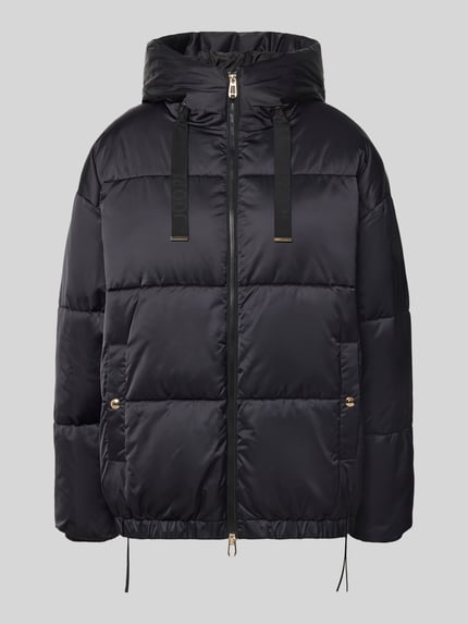 Produktfoto, schwarzer Loose Fit Steppmantel mit Zweiwege-Reißverschluss von JOOP!, glatte Oberfläche, goldene Details, Damen Steppmantel
