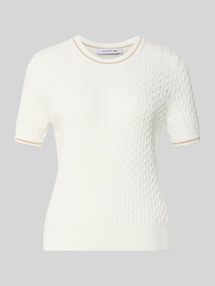 Produktfoto, witte regular fit pullover uit katoenmix van Lacoste voor dames met kabelstructuur en fijne ribboorden