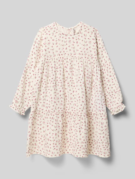 Produktfoto, A-Linie Freizeitkleid aus reiner Baumwolle Modell 'THYRA' von Only, kremowy kolor, czerwony nadruk w drobne kwiaty, długość midi, długi rękaw, okrągły dekolt, flammgarnowa struktura, materiał: czysta bawełna
