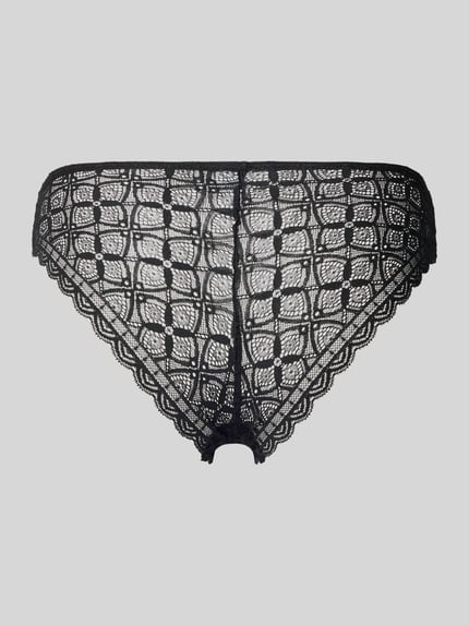 Produktfoto, Slip mit Spitzenbesatz und Schleife von Jake*s Casual in Schwarz mit filigranem Muster und zarter Textur vor grauem Hintergrund.