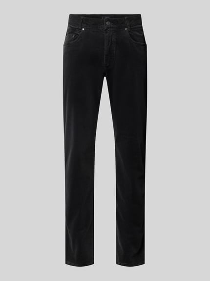 Produktfoto, Straight Fit Cordhose aus elastischem Baumwoll-Mix von bugatti in Schwarz, 5-Pocket-Design, sichtbare Gürtelschlaufen, glatte Cordstruktur