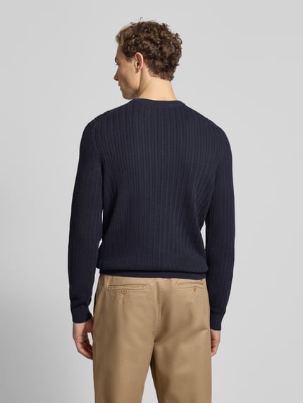 Męski model nosi Strickpullover mit gerippten Abschlüssen od Christian Berg Men, granatowy, bawełna, regular fit, widok całej sylwetki z tyłu.