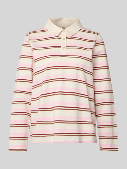 Produktfoto, Poloshirt aus reiner Baumwolle von Soyaconcept mit rosa und braunen Streifen, gerader Schnitt, Polokragen, langärmeliges Design.