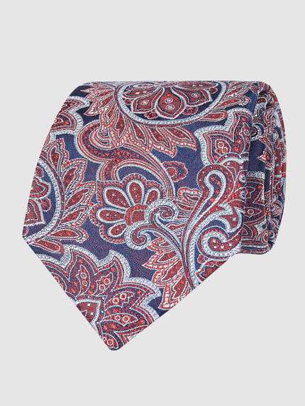 Produktfoto, Krawatte aus Seide im Allover-Look (7 cm) von Willen, rote und blaue Muster, klassische Form, Label-Detail, reine Seide