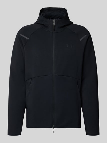 Produktfoto, Trainingsjacke mit Zweiwege-Reißverschluss Modell 'Unstoppable' von Under Armour für Herren im Regular-Fit, schwarzer Material-Mix mit Baumwoll-Anteil, Kapuze, klare Linien und matter Stoffstruktur, Rückenlänge 71 cm, Ärmellänge 60 cm.