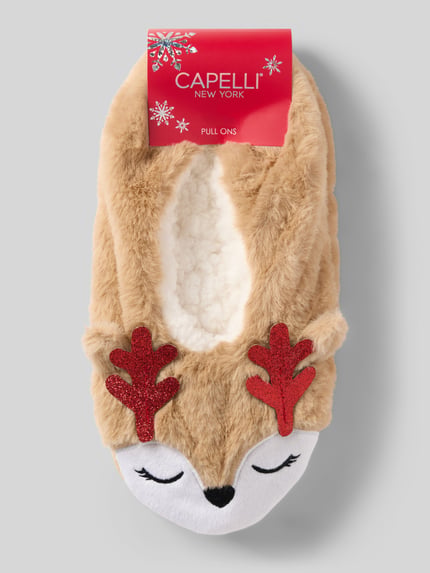 Produktfoto, Kuschelsocken mit Zier-Applikationen Modell 'Reindeer' von CAPELLI NEW YORK in Beige mit roten Details, samtige Textur, Damen Kuschelsocken, CAPELLI NEW YORK, Noppen