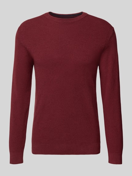 Produktfoto, Regular Fit Strickpullover aus reiner Baumwolle von Tom Tailor in Optik: Unifarben, Langarm, Rundhals, strukturiertes Strick, Label-Patch