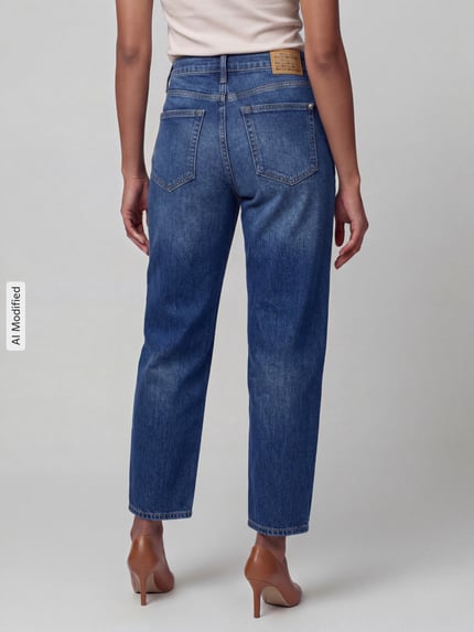 Frauenmodel trägt Loose Fit Barrel Jeans aus Baumwoll-Mix mit Modal-Anteil Modell 'DANNI' von MAC, Damen Barrel Jeans, Ganzkörperansicht Rückansicht, KI-modifiziertes Bild.