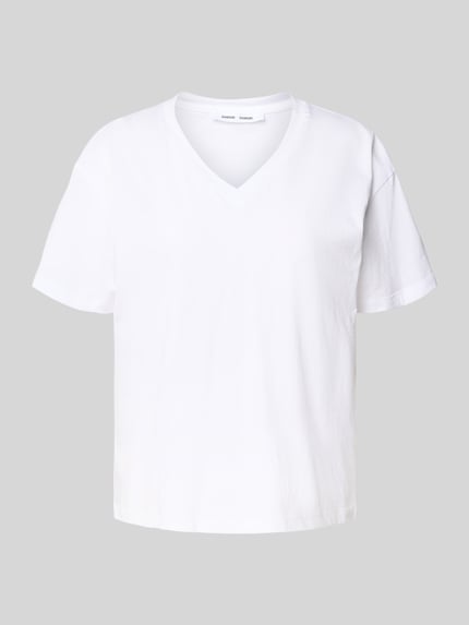Samsøe Samsøe T-shirt z prążkowanym dekoltem w serek model ‘SAELI’ Biały 2