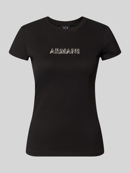 Produktfoto, Slim Fit T-Shirt aus Baumwolle von Armani Exchange in Schwarz mit Rundhalsausschnitt und Strasssteinbesatz am Label-Detail