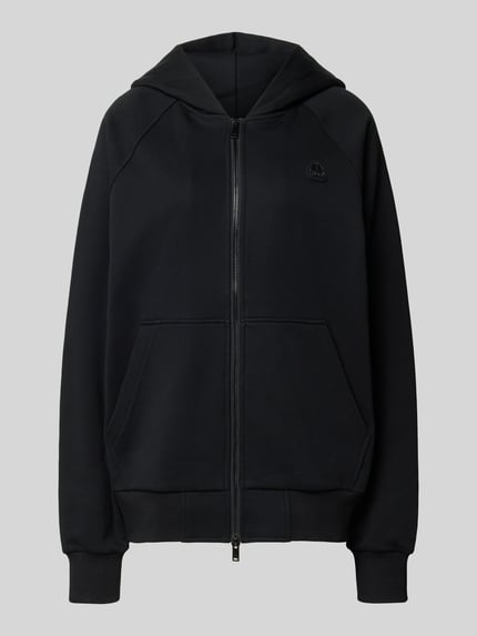 Produktfoto, bluza rozpinana z mieszanki bawełny Moose Knuckles, czarna, kieszeń kangurka, detal z logo, luźny krój, kaptur