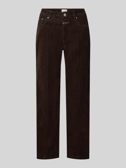 Produktfoto, Straight Fit Jeans in Cord-Optik Modell 'Milo' von Closed, dunkelbraun, elastischer Baumwoll-Mix, 5-Pocket-Design, verkürzte Passform, sichtbare Knopf- und Reißverschlussleiste, feine Struktur, glatte Oberfläche