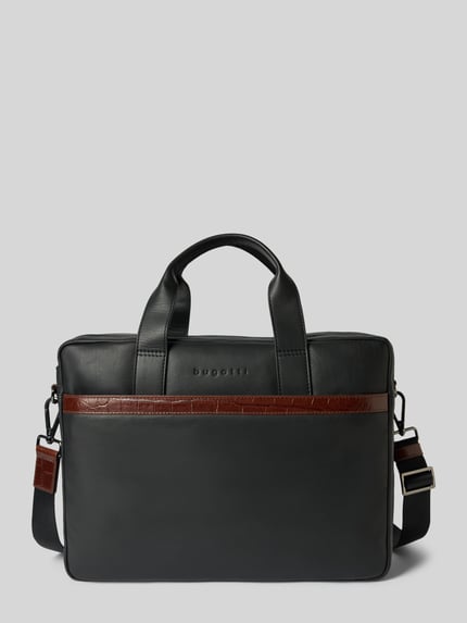 Produktfoto, Laptoptasche aus echtem Leder Modell 'Corso Deluxe' von bugatti, schwarz mit braunen Details, Label-Prägung, strukturierte Oberfläche, geteiltes Hauptfach mit Reißverschluss, abnehmbarer Schulterriemen, kurze Tragehenkel, innen Steckfächer, Szerokość w rozmiarze 40 cm, długość 30 cm, głębokość 13 cm, długość paska 175 cm