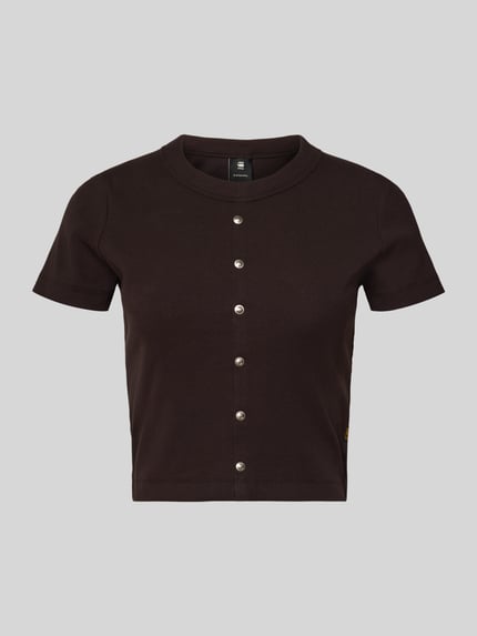 Produktfoto, czarne Cropped T-Shirt z bawełny i elastanu, Heritage od G-Star Raw, krótki rękaw, ripp, guziki, dekolt okrągły, widoczne logo.