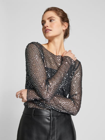 PIECES Slim fit shirt met lange mouwen van halftransparante mesh, model 'RISSI' Zwart - 3