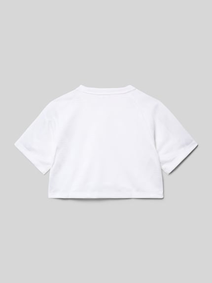 Produktfoto, Boxy Fit T-Shirt mit Kontrststreifen von adidas Originals, unifarben weiß, Cropped-Länge, Rundhalsausschnitt, kurzarm.